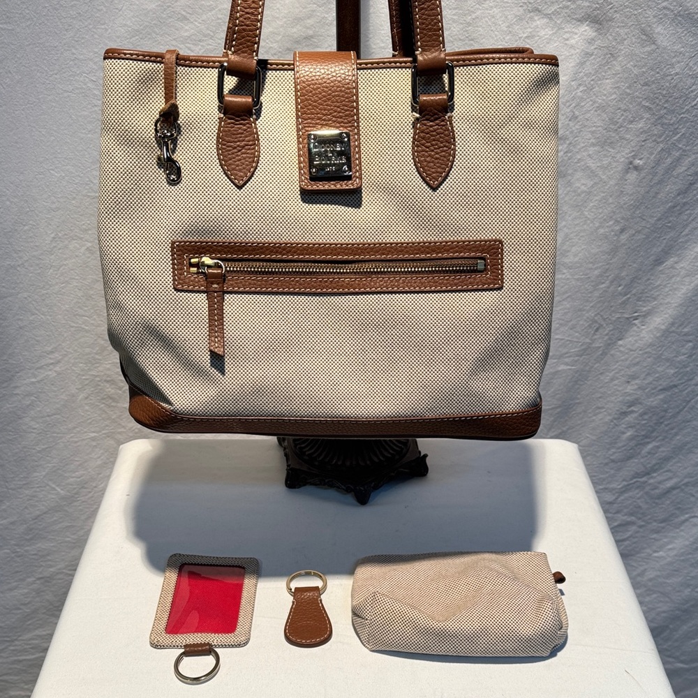 Dooney & Bourke Cream and Brown Tote with Accessories